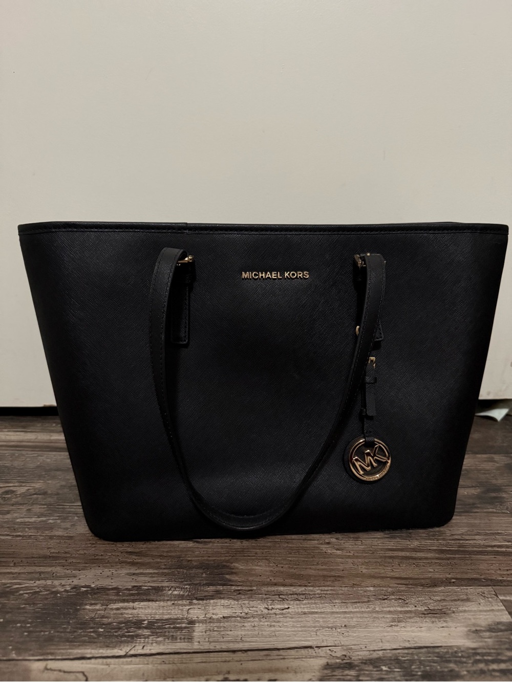 Michael Kors Black Saffiano Tote with Gold Logo Charm